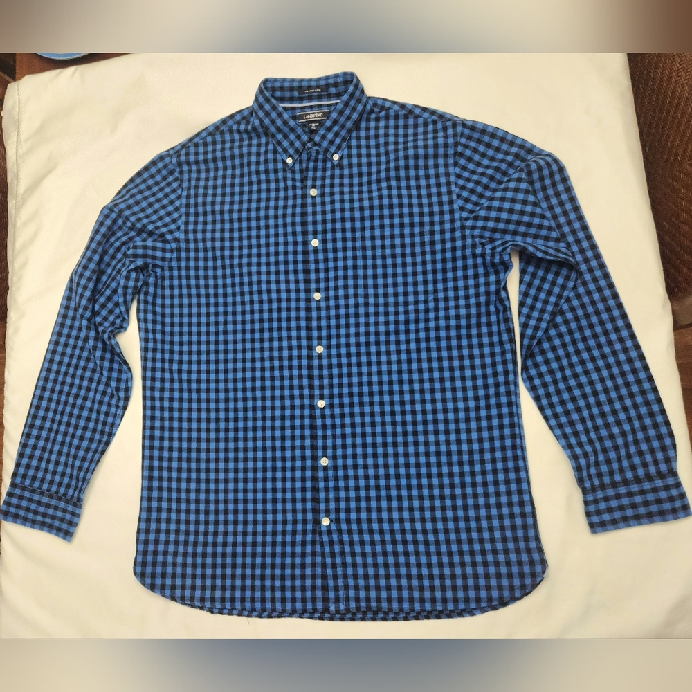 Lands' End Men's Button Down Long Sleeve Blue/Black Plaid Large Tall 16-16 1/2 - Picture 2 of 4